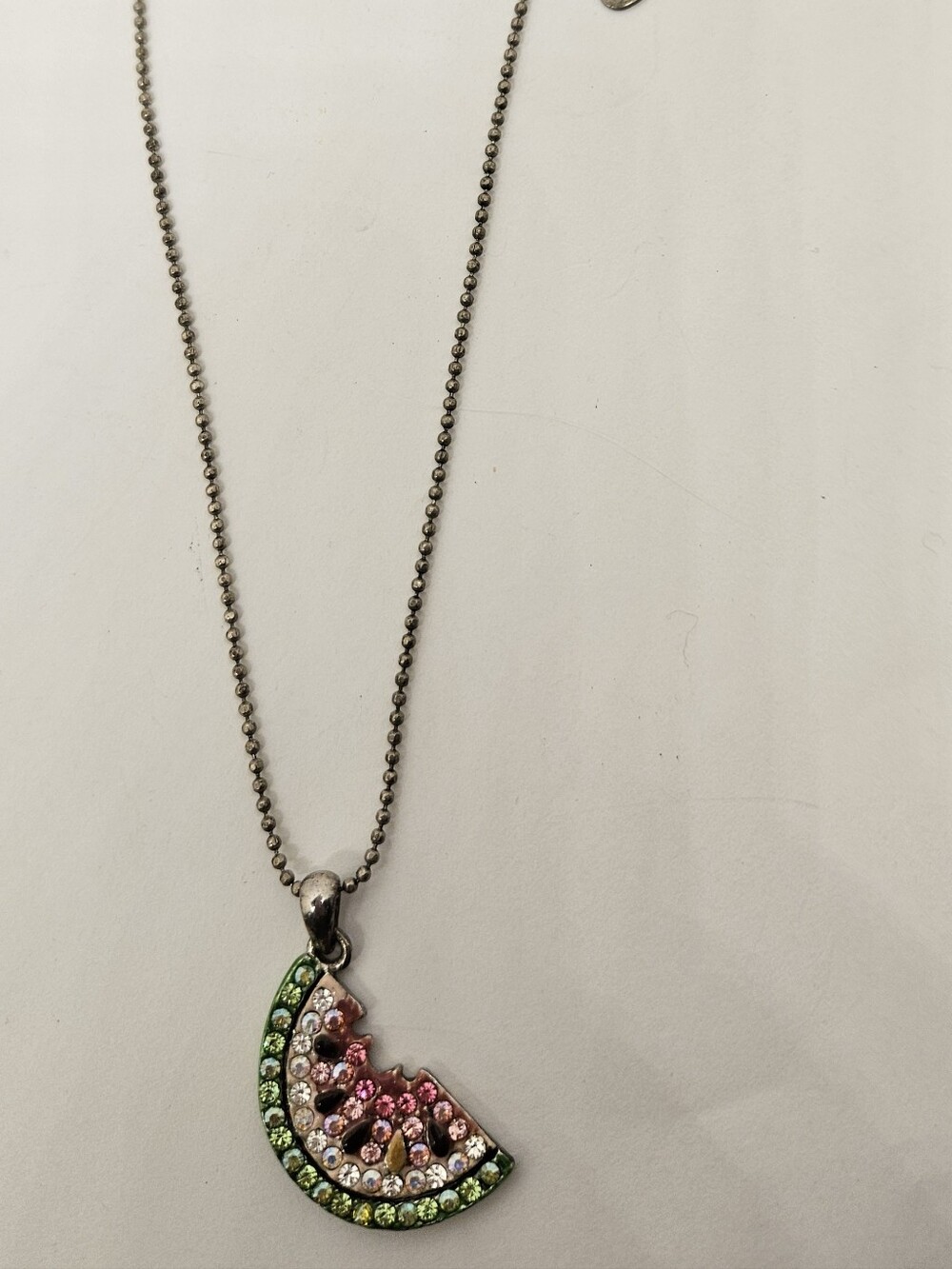 Cookie Lee Watermelon Slice Necklace Crystals Silver Tone Signed Hang Tag